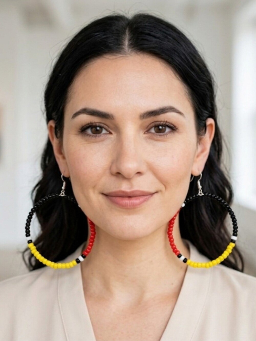 Handmade Beaded Hoop Earrings in Red, Black & Yellow